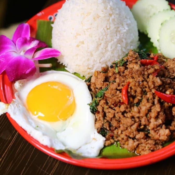 Kra Praw Khai Dao (Over Rice)