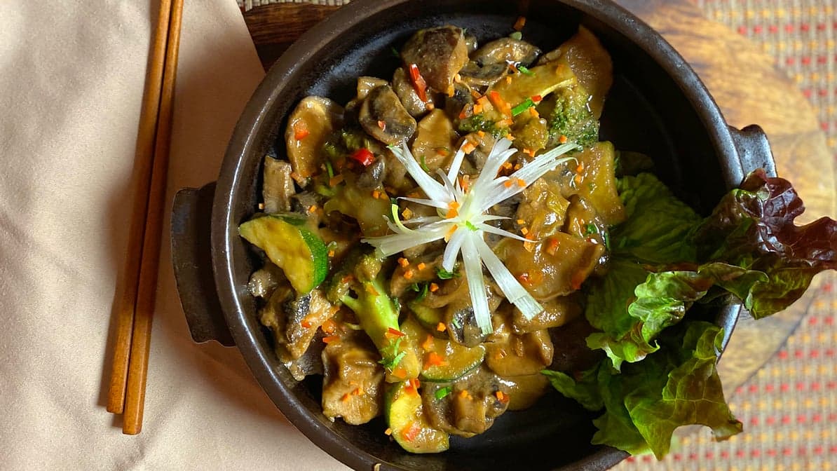 Sauteed variety of mushrooms in brown sauce