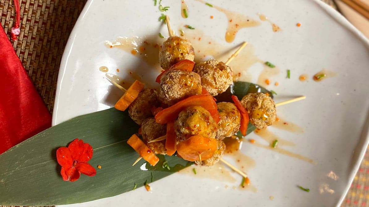 Mini tofu ball sticks in sweet & sour sauce