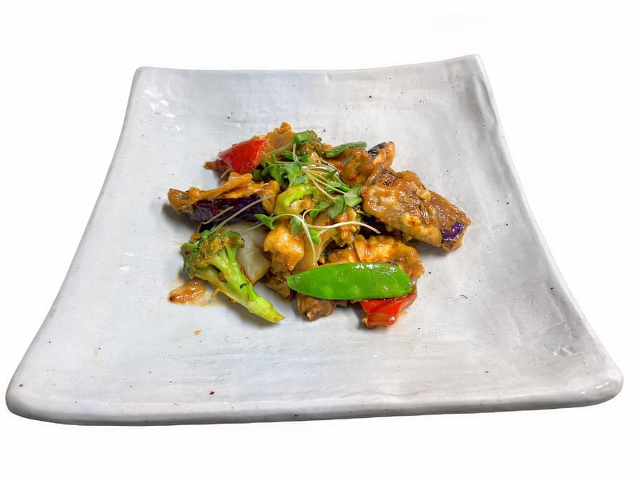 Spicy eggplant with kimchi in gluten free brown sauce